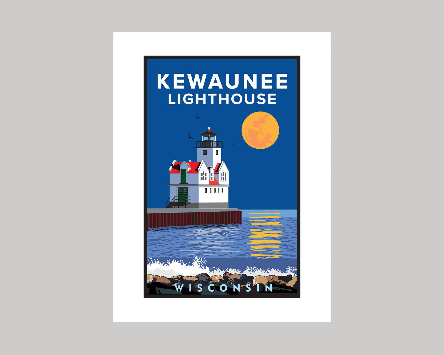 KEWAUNEE LIGHTHOUSE FULL MOON|| WISCONSIN LANDMARK ART PRINT