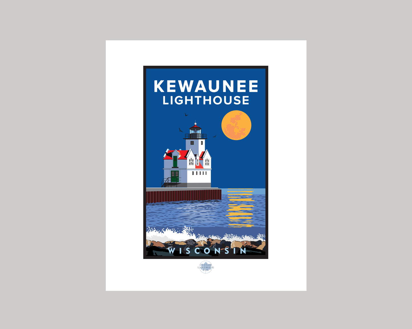 KEWAUNEE LIGHTHOUSE FULL MOON|| WISCONSIN LANDMARK ART PRINT