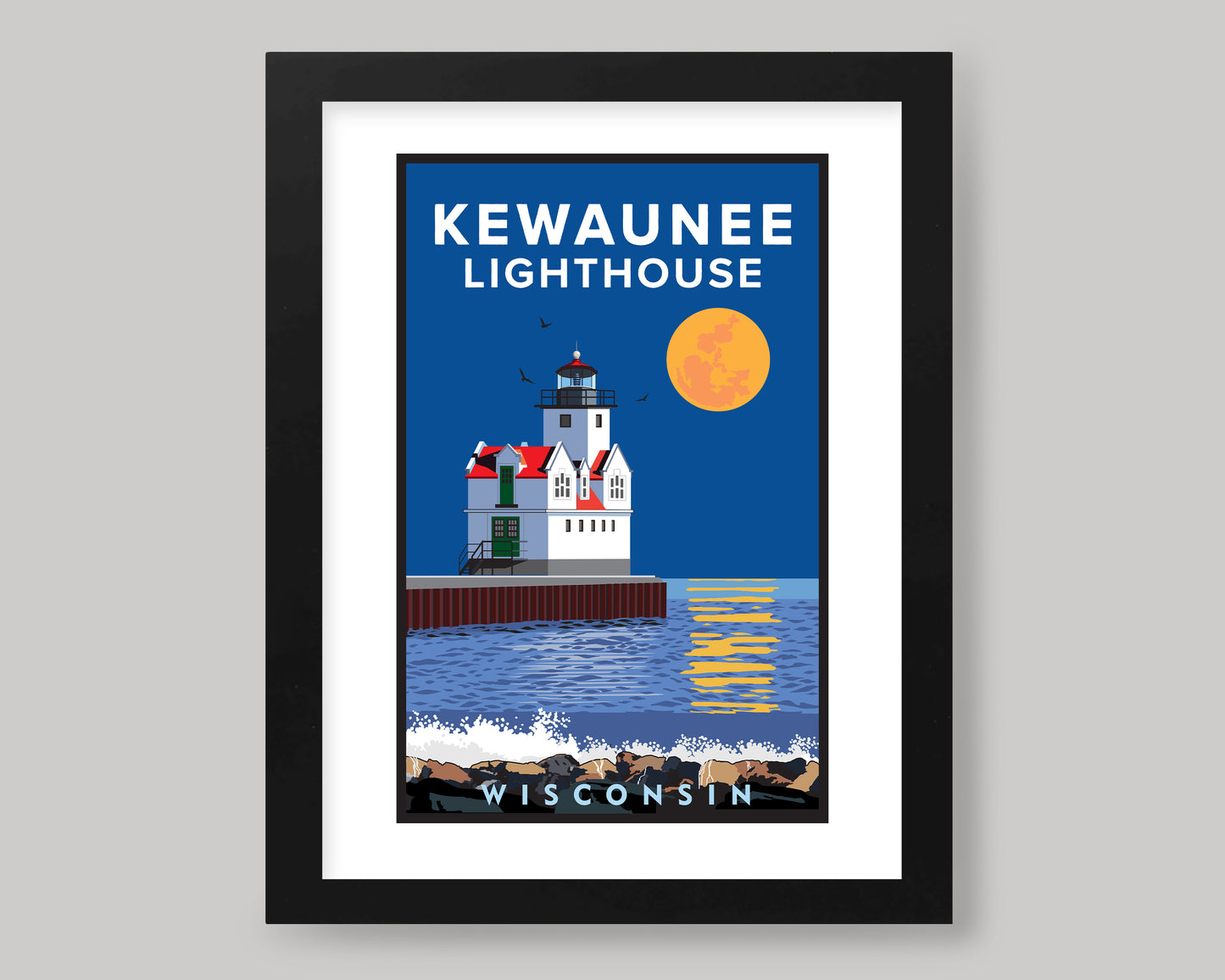 KEWAUNEE LIGHTHOUSE FULL MOON|| WISCONSIN LANDMARK ART PRINT
