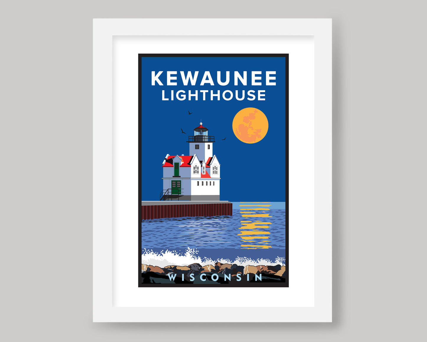 KEWAUNEE LIGHTHOUSE FULL MOON|| WISCONSIN LANDMARK ART PRINT
