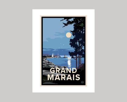 GRAND MARAIS NIGHT IN THE HARBOR || MINNESOTA LANDMARK ART PRINT