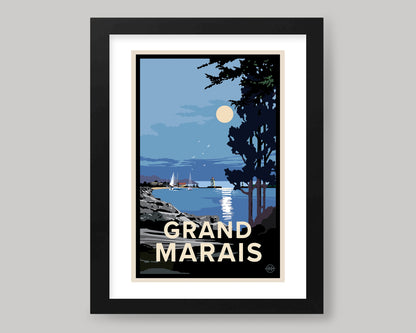 GRAND MARAIS NIGHT IN THE HARBOR || MINNESOTA LANDMARK ART PRINT