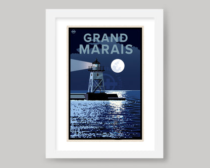 FULL MOON BEHIND THE GRAND MARAIS LIGHTHOUSE || MINNESOTA LANDMARK ART PRINT