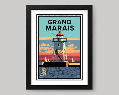 GRAND MARAIS LIGHTHOUSE SUNSET SAIL || MINNESOTA LANDMARK ART PRINT