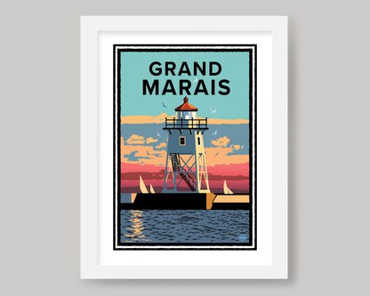 GRAND MARAIS LIGHTHOUSE SUNSET SAIL || MINNESOTA LANDMARK ART PRINT