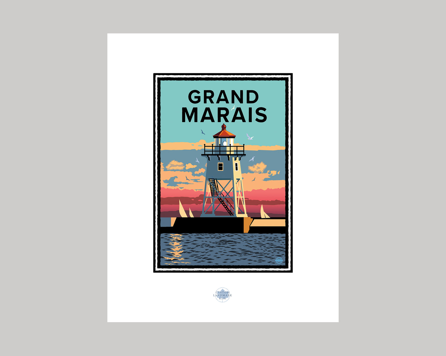 GRAND MARAIS LIGHTHOUSE SUNSET SAIL || MINNESOTA LANDMARK ART PRINT