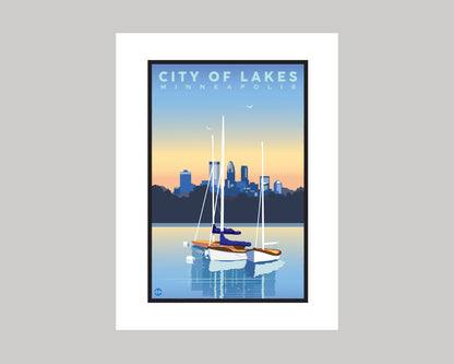 MINNEAPOLIS SUNSET ON THE LAKES WS|| MINNESOTA LANDMARK ART PRINT