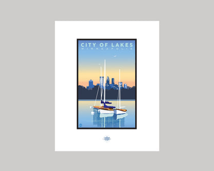 MINNEAPOLIS SUNSET ON THE LAKES WS|| MINNESOTA LANDMARK ART PRINT