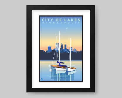MINNEAPOLIS SUNSET ON THE LAKES WS|| MINNESOTA LANDMARK ART PRINT