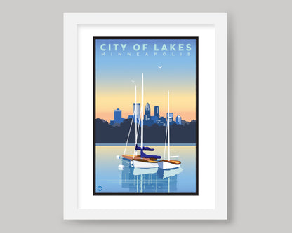 MINNEAPOLIS SUNSET ON THE LAKES WS|| MINNESOTA LANDMARK ART PRINT