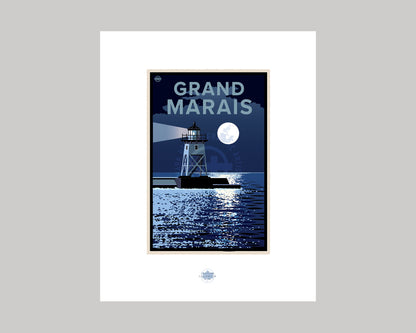 FULL MOON BEHIND THE GRAND MARAIS LIGHTHOUSE || MINNESOTA LANDMARK ART PRINT