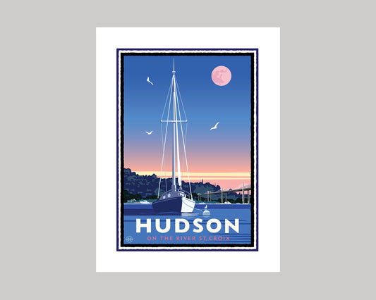 HUDSON SAILBOAT AT MOONRISE || WISCONSIN LANDMARK ART PRINT