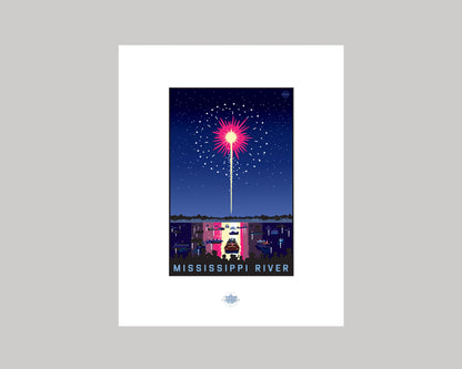 MISSISSIPPI RIVER FIREWORKS ON THE WATER || MINNESOTA LANDMARK ART PRINT
