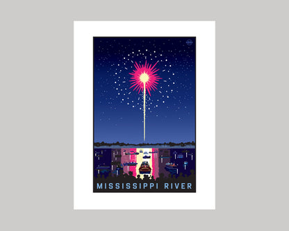 MISSISSIPPI RIVER FIREWORKS ON THE WATER || MINNESOTA LANDMARK ART PRINT