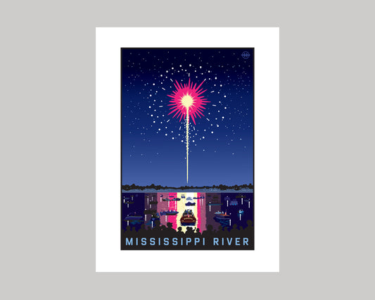 MISSISSIPPI RIVER FIREWORKS ON THE WATER || MINNESOTA LANDMARK ART PRINT