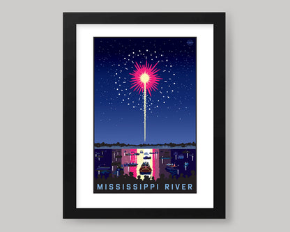 MISSISSIPPI RIVER FIREWORKS ON THE WATER || MINNESOTA LANDMARK ART PRINT