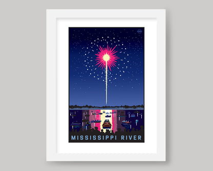 MISSISSIPPI RIVER FIREWORKS ON THE WATER || MINNESOTA LANDMARK ART PRINT