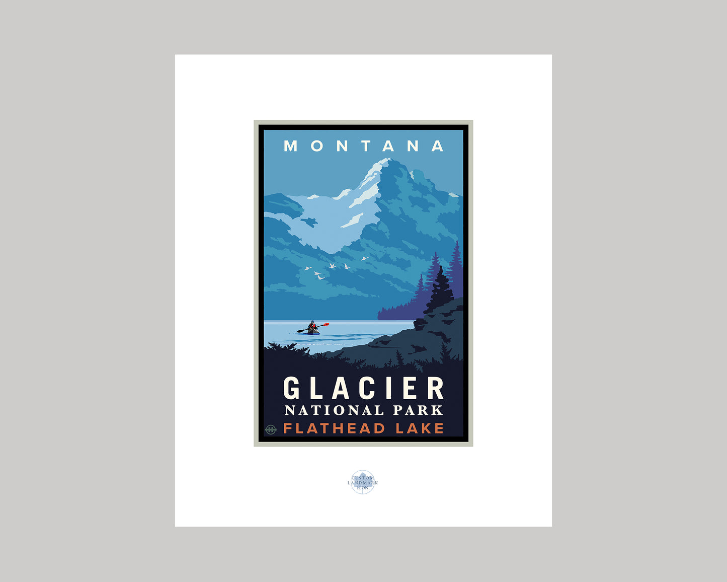 MONTANA GLACIER NATIONAL PARK FLATHEAD LAKE KAYAKING || MONTANA LANDMARK ART PRINT