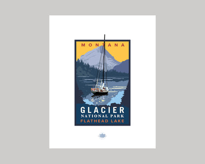 MONTANA GLACIER NATIONAL PARK FLATHEAD LAKE SAILING || MONTANA LANDMARK ART PRINT