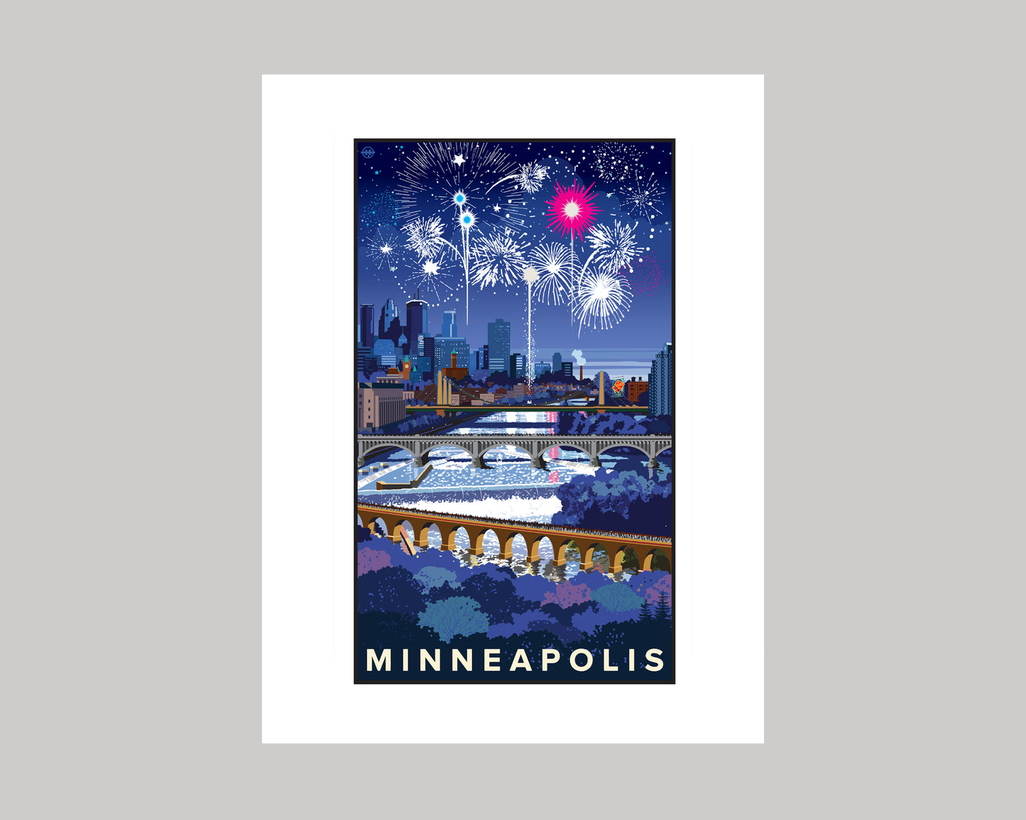 MINNEAPOLIS SKYLINE FIREWORKS WS || MINNESOTA LANDMARK ART PRINT