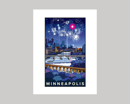 MINNEAPOLIS SKYLINE FIREWORKS WS || MINNESOTA LANDMARK ART PRINT