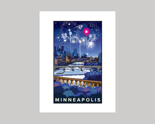 MINNEAPOLIS SKYLINE FIREWORKS || MINNESOTA LANDMARK ART PRINT