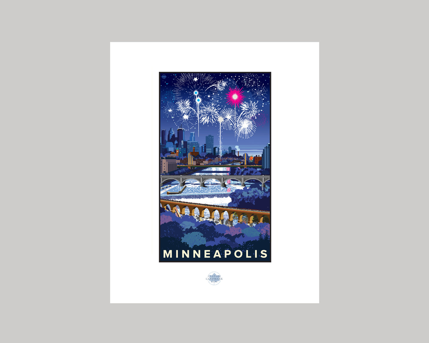 MINNEAPOLIS SKYLINE FIREWORKS WS || MINNESOTA LANDMARK ART PRINT