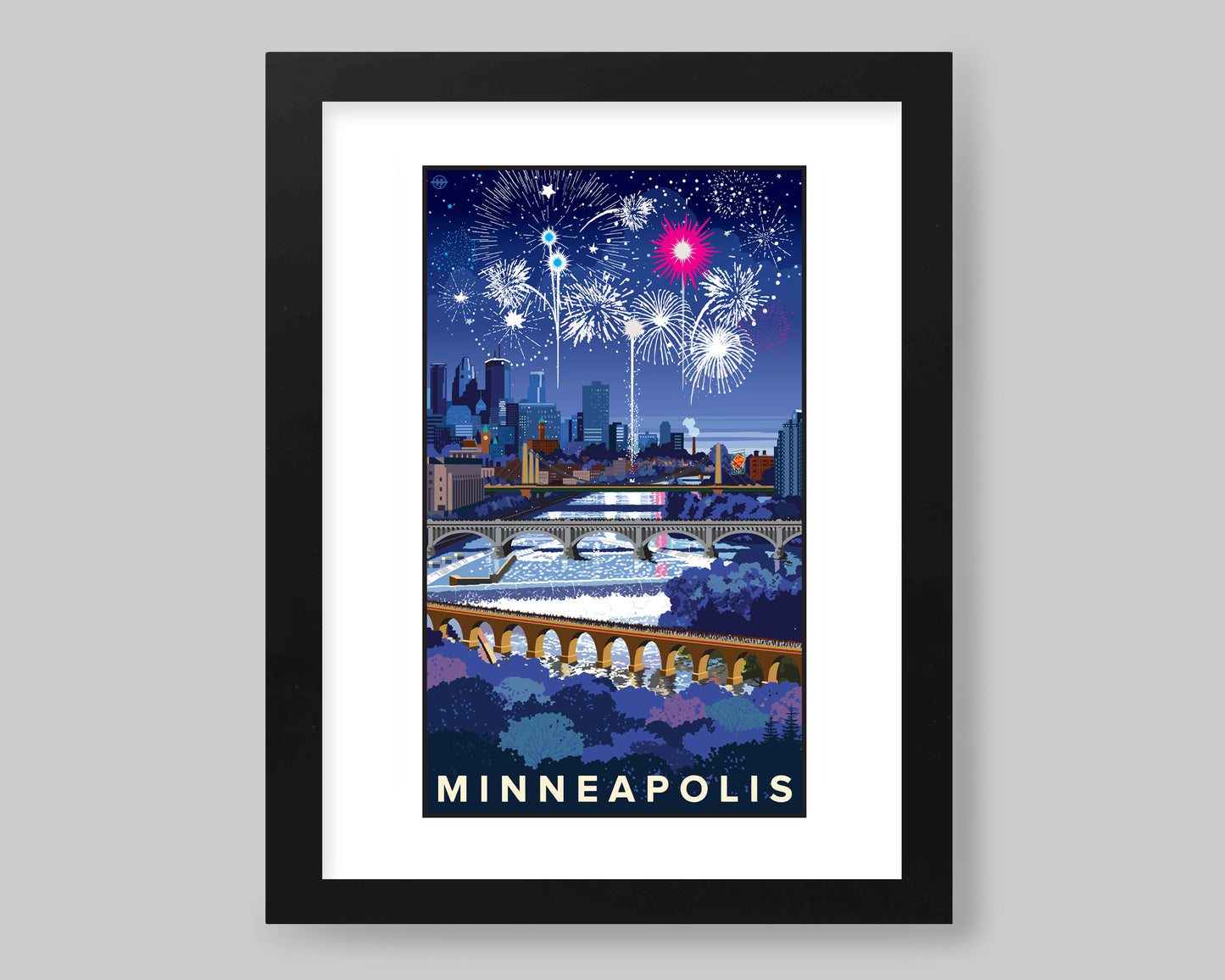 MINNEAPOLIS SKYLINE FIREWORKS WS || MINNESOTA LANDMARK ART PRINT