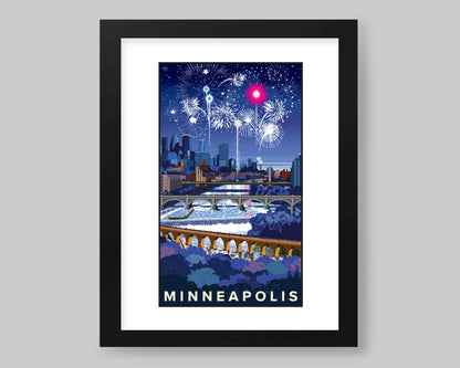 MINNEAPOLIS SKYLINE FIREWORKS WS || MINNESOTA LANDMARK ART PRINT