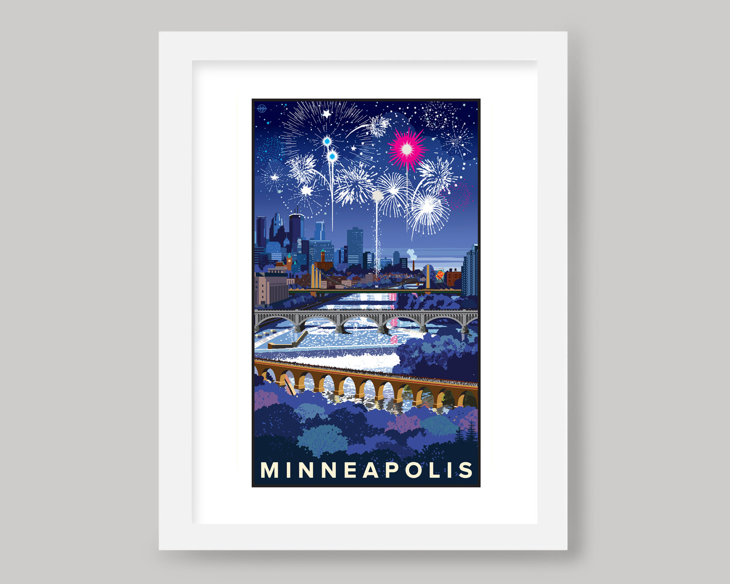 MINNEAPOLIS SKYLINE FIREWORKS WS || MINNESOTA LANDMARK ART PRINT