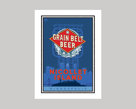 NICOLLET ISLAND AND THE GRAIN BELT BEER SIGN || MINNESOTA LANDMARK ART PRINT