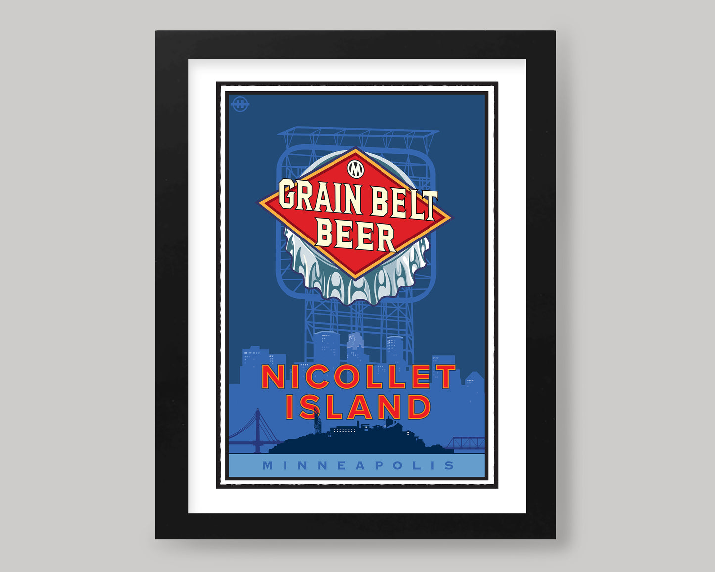 NICOLLET ISLAND AND THE GRAIN BELT BEER SIGN || MINNESOTA LANDMARK ART PRINT