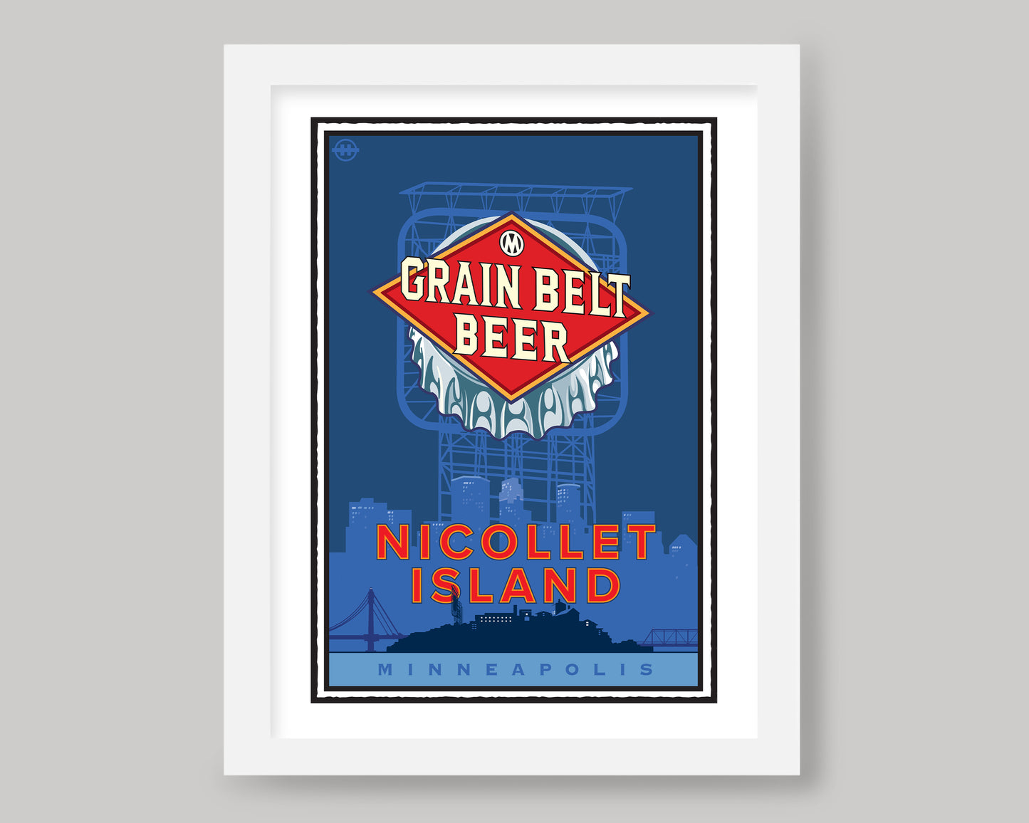 NICOLLET ISLAND AND THE GRAIN BELT BEER SIGN || MINNESOTA LANDMARK ART PRINT