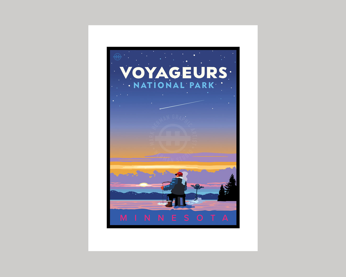 VOYAGEURS NATIONAL PARK SUNSET ICE FISHING || MINNESOTA LANDMARK ART PRINT