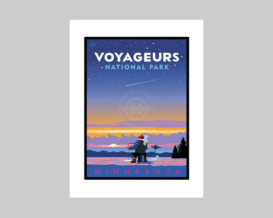 VOYAGEURS NATIONAL PARK SUNSET ICE FISHING || MINNESOTA LANDMARK ART PRINT