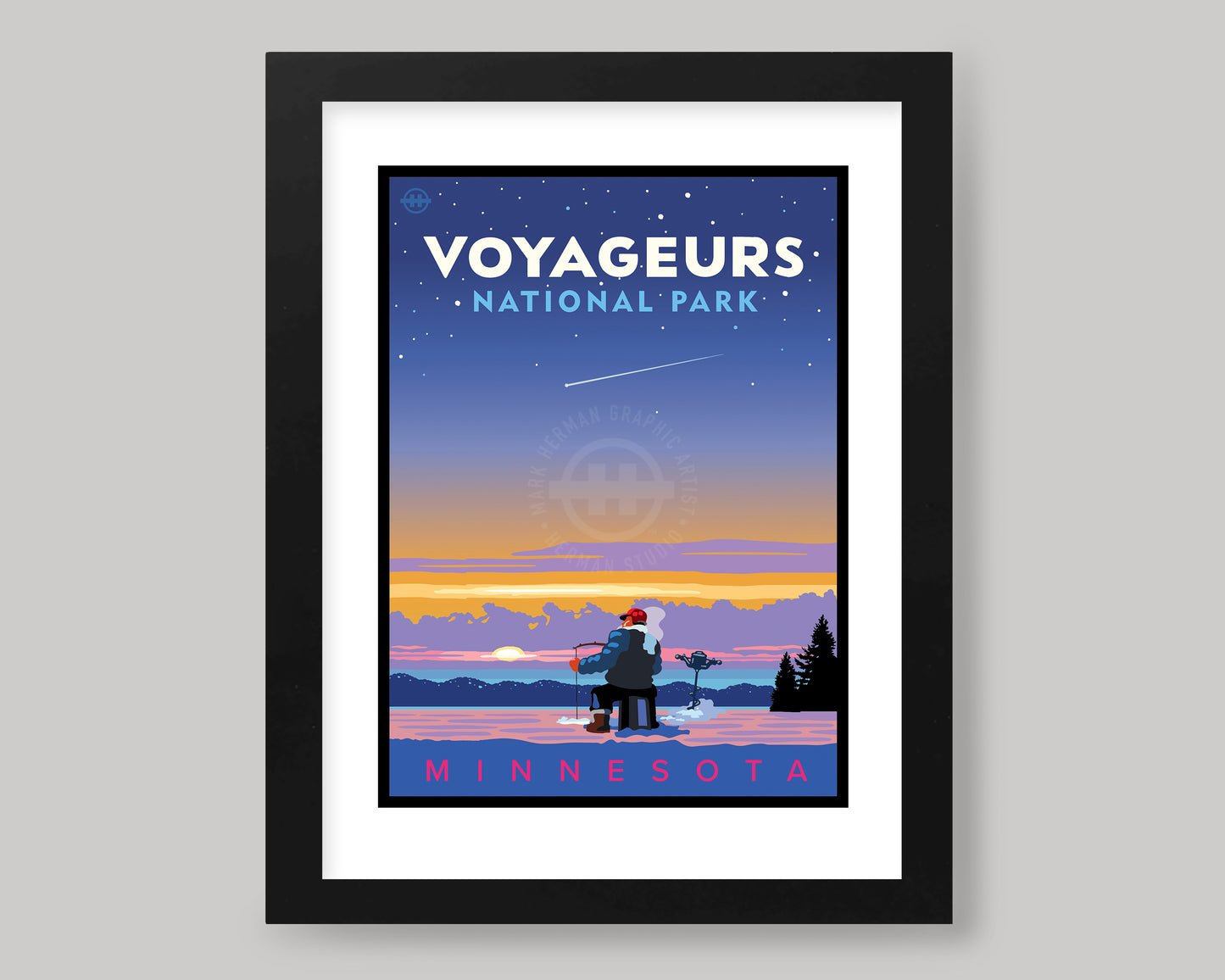 VOYAGEURS NATIONAL PARK SUNSET ICE FISHING || MINNESOTA LANDMARK ART PRINT