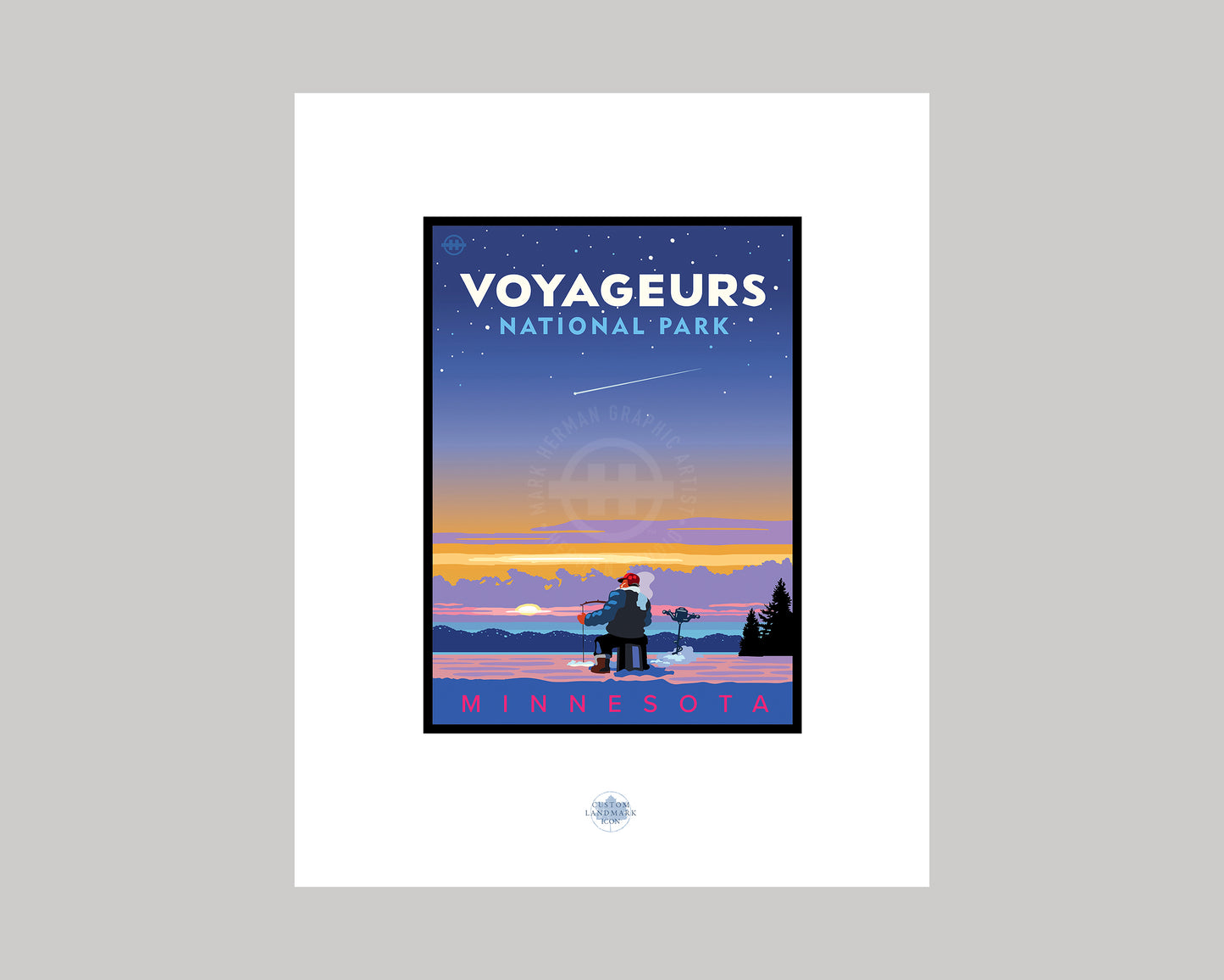 VOYAGEURS NATIONAL PARK SUNSET ICE FISHING || MINNESOTA LANDMARK ART PRINT