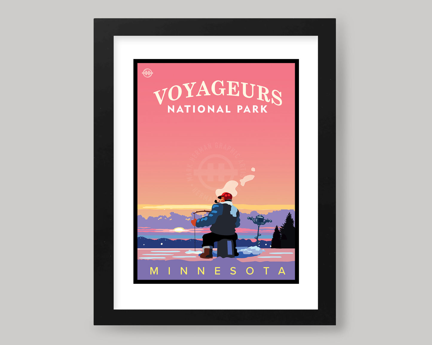 VOYAGEURS NATIONAL PARK SUNRISE ICE FISHING || MINNESOTA LANDMARK ART PRINT