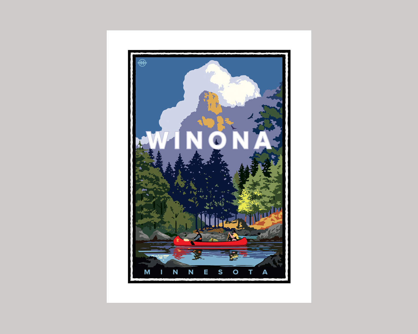 WINONA CANOEING NEAR SUGAR LOAF BLUFF || MINNESOTA LANDMARK ART PRINT