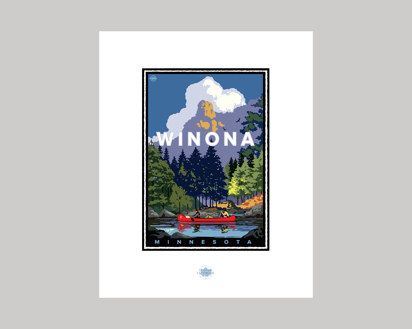 WINONA CANOEING NEAR SUGAR LOAF BLUFF || MINNESOTA LANDMARK ART PRINT