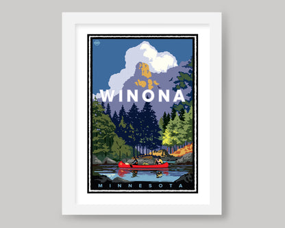 WINONA CANOEING NEAR SUGAR LOAF BLUFF || MINNESOTA LANDMARK ART PRINT