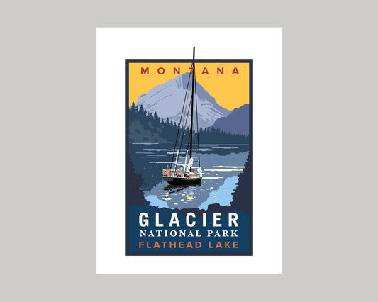 MONTANA GLACIER NATIONAL PARK FLATHEAD LAKE SAILING || MONTANA LANDMARK ART PRINT