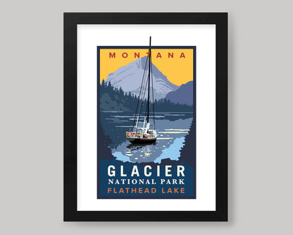 MONTANA GLACIER NATIONAL PARK FLATHEAD LAKE SAILING || MONTANA LANDMARK ART PRINT