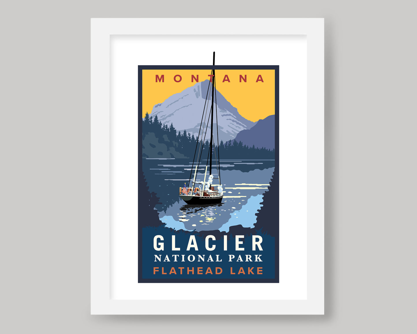 MONTANA GLACIER NATIONAL PARK FLATHEAD LAKE SAILING || MONTANA LANDMARK ART PRINT