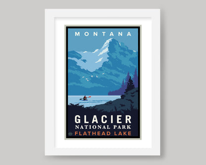 MONTANA GLACIER NATIONAL PARK FLATHEAD LAKE KAYAKING || MONTANA LANDMARK ART PRINT