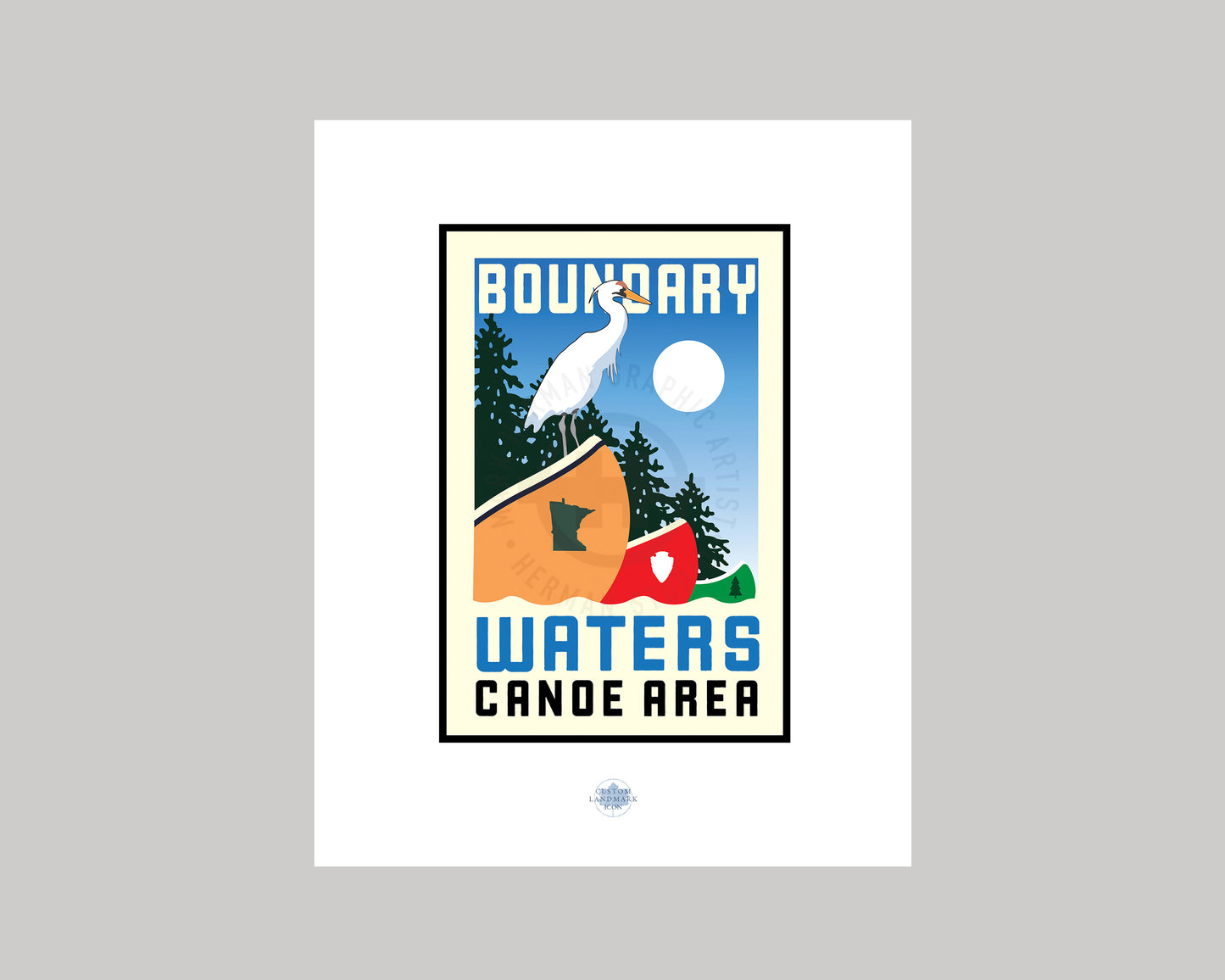 BOUNDARY WATERS HERON ON CANOE || MINNESOTA LANDMARK ART PRINT