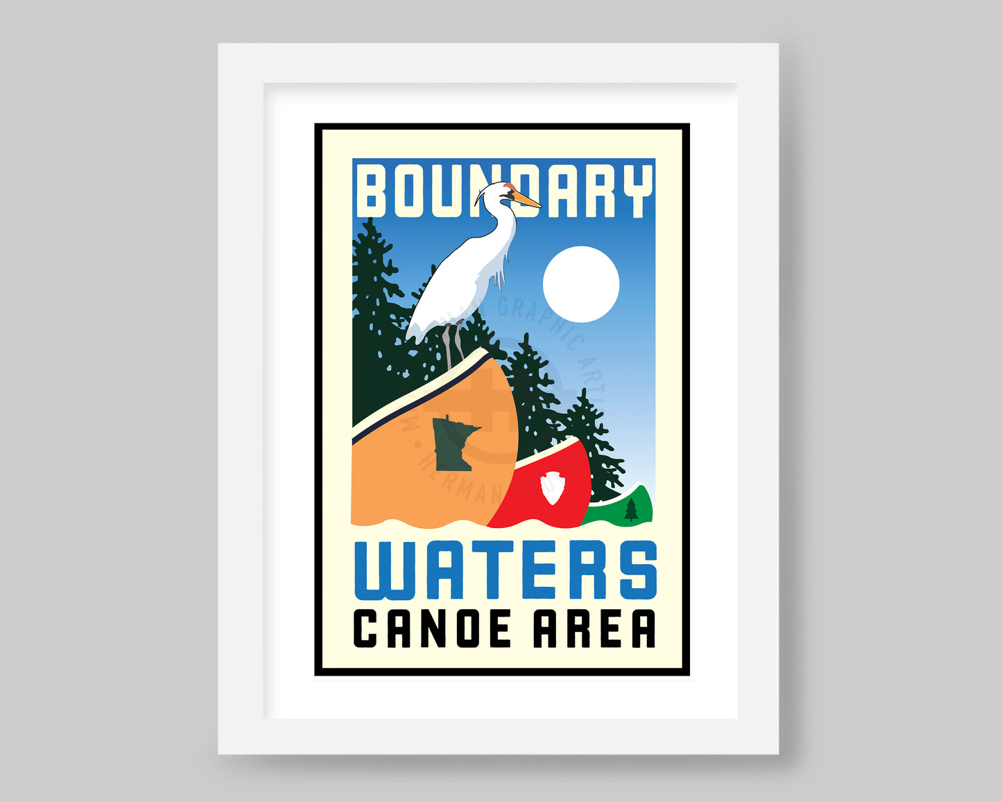 BOUNDARY WATERS HERON ON CANOE || MINNESOTA LANDMARK ART PRINT