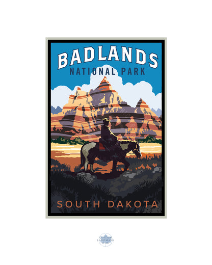 BADLANDS COWBOY IN THE CANYON || SOUTH DAKOTA LANDMARK ART PRINT