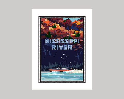 BOATING ON THE MISSISSIPPI RIVER FALL || MINNESOTA LANDMARK ART PRINT