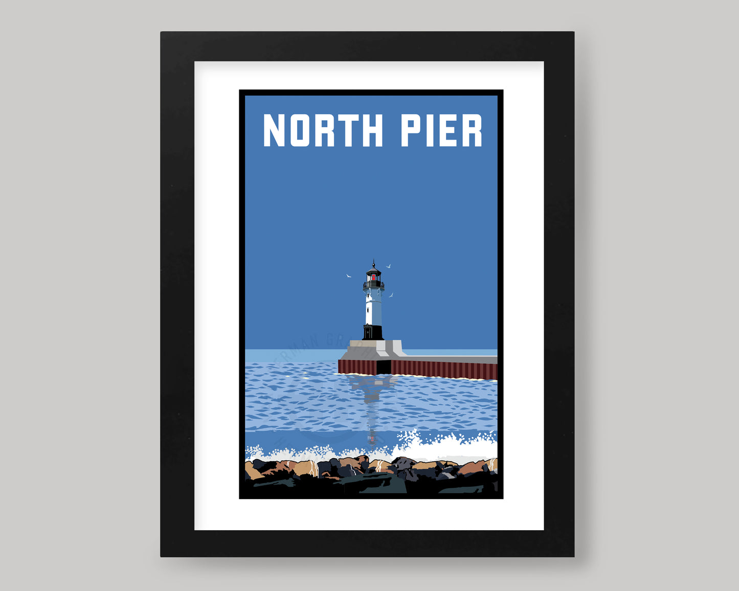 DULUTH HARBOR NORTH PIER LIGHTHOUSE VIEW FROM THE SHORE || MINNESOTA LANDMARK ART PRINT